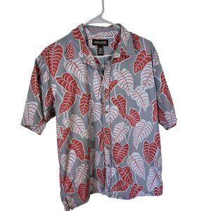 Mens Hawaiian Cotton Shirt Gray Red Leaf Print Short Sleeve Med Cookie Street